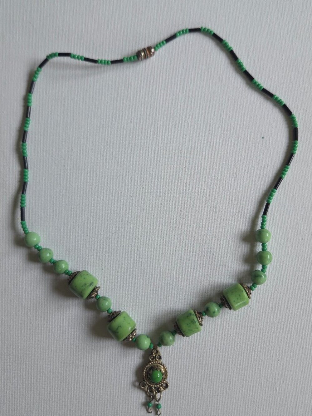 Vintage Tribal Green Stone Bead Necklace Filigree Pendant Brass Bead Caps